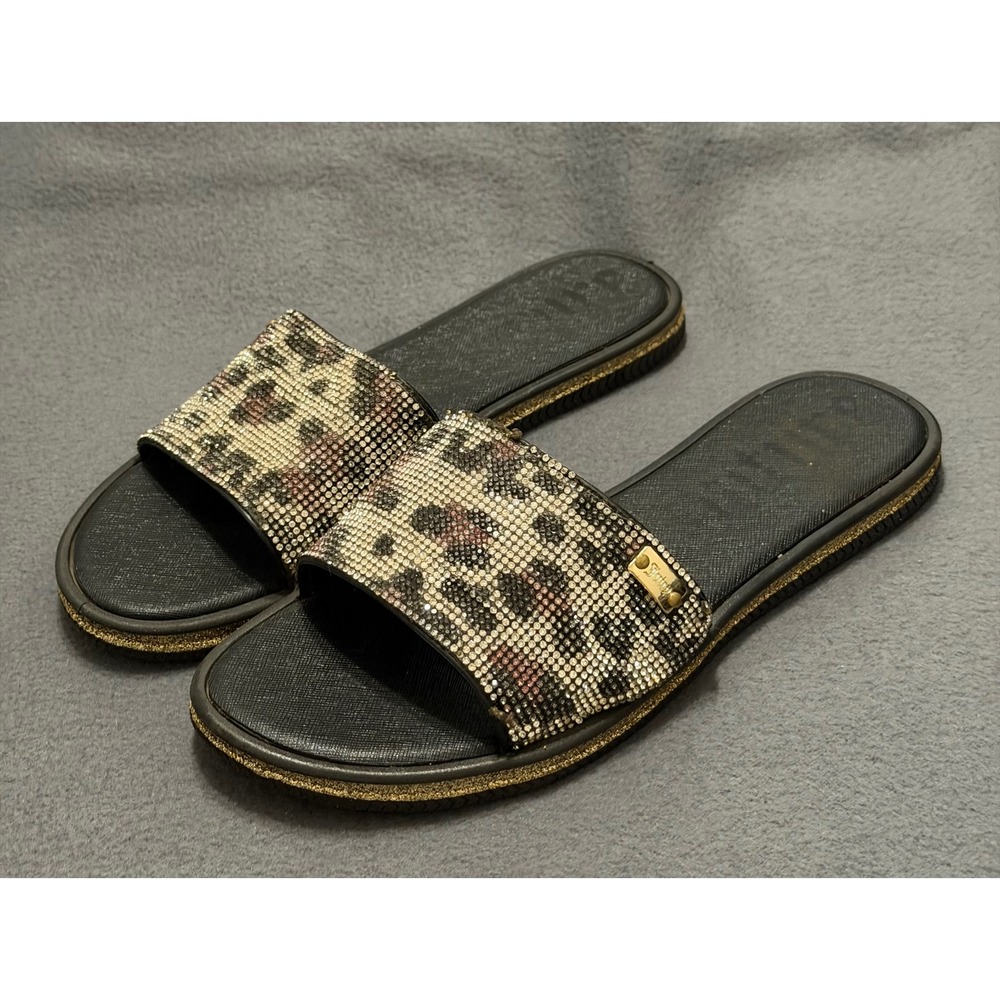 Juicy Couture Women's  sz 8 Leopard Rhinestone Slide‎ Sandals Black Gold Glitter